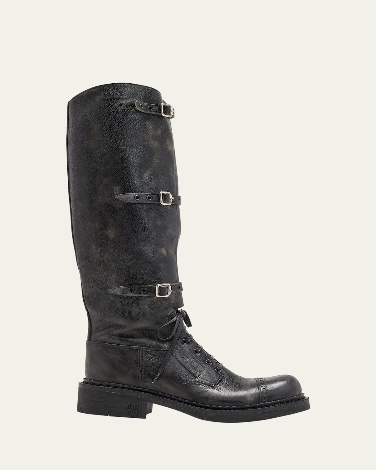 Antic Buckle Distressed Leather Knee-High Boots