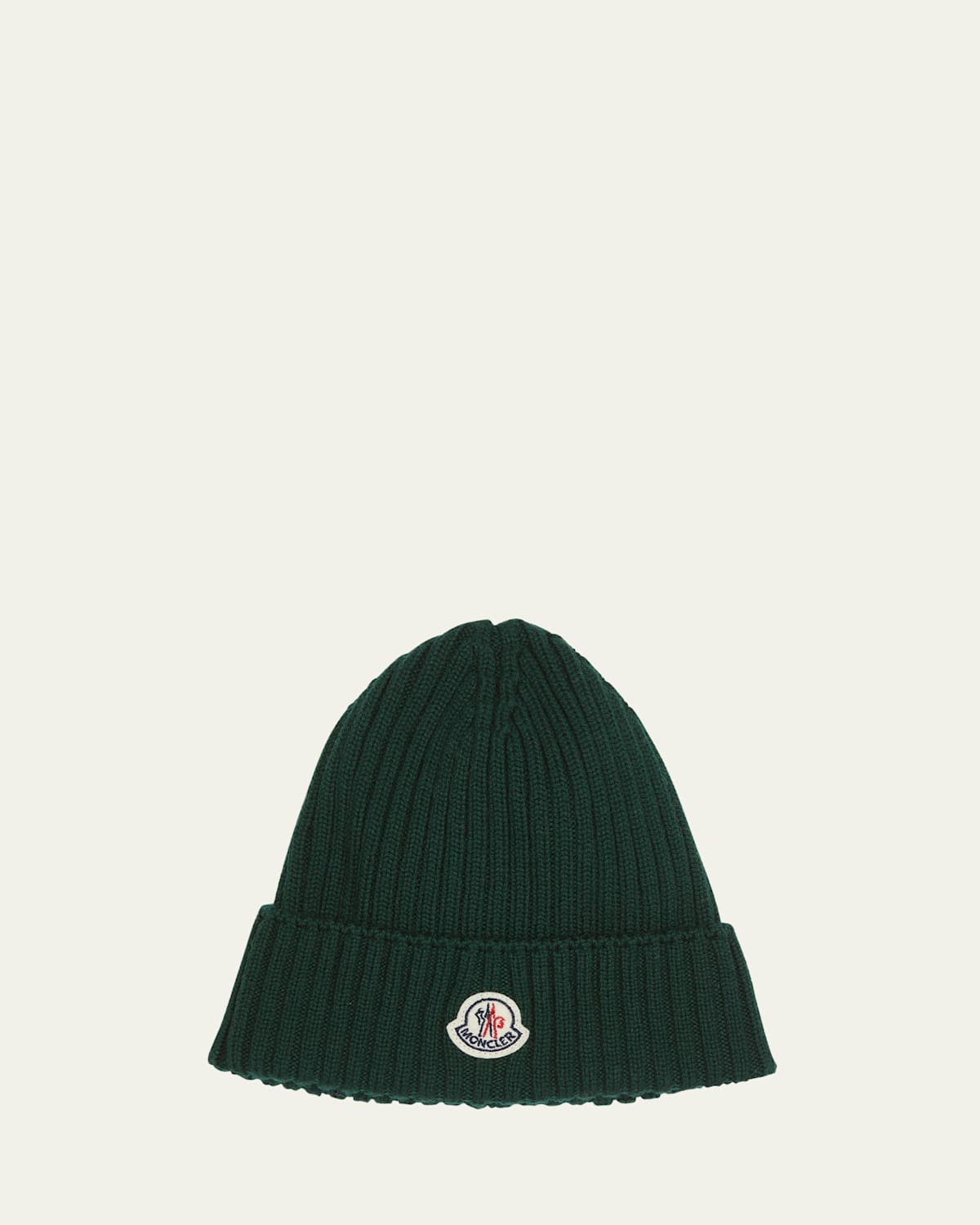 Moncler Boy's Ribbed Wool Beanie With Logo Patch In Green