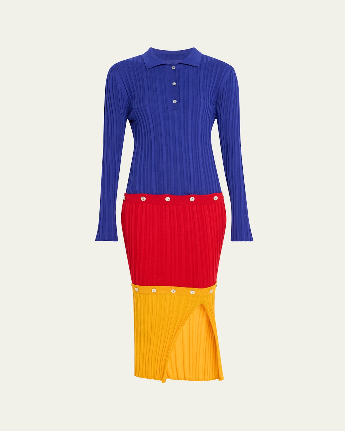 Colorblock Buttoned Panel Polo Wool Midi Dress