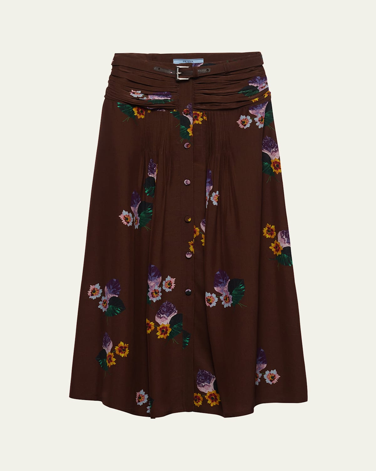 Floral Drape-Waist Leather Belted Midi Skirt
