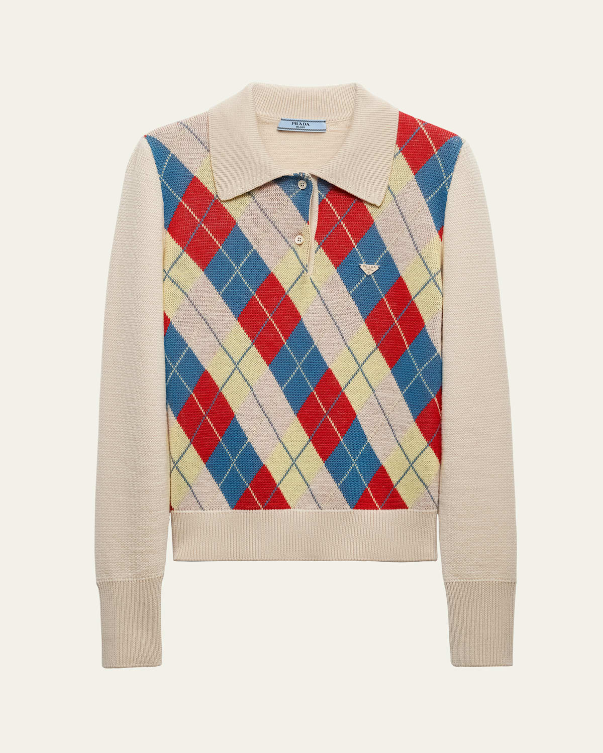 Shop Prada Jacquard Argyle Polo Wool Sweater In Sabbia
