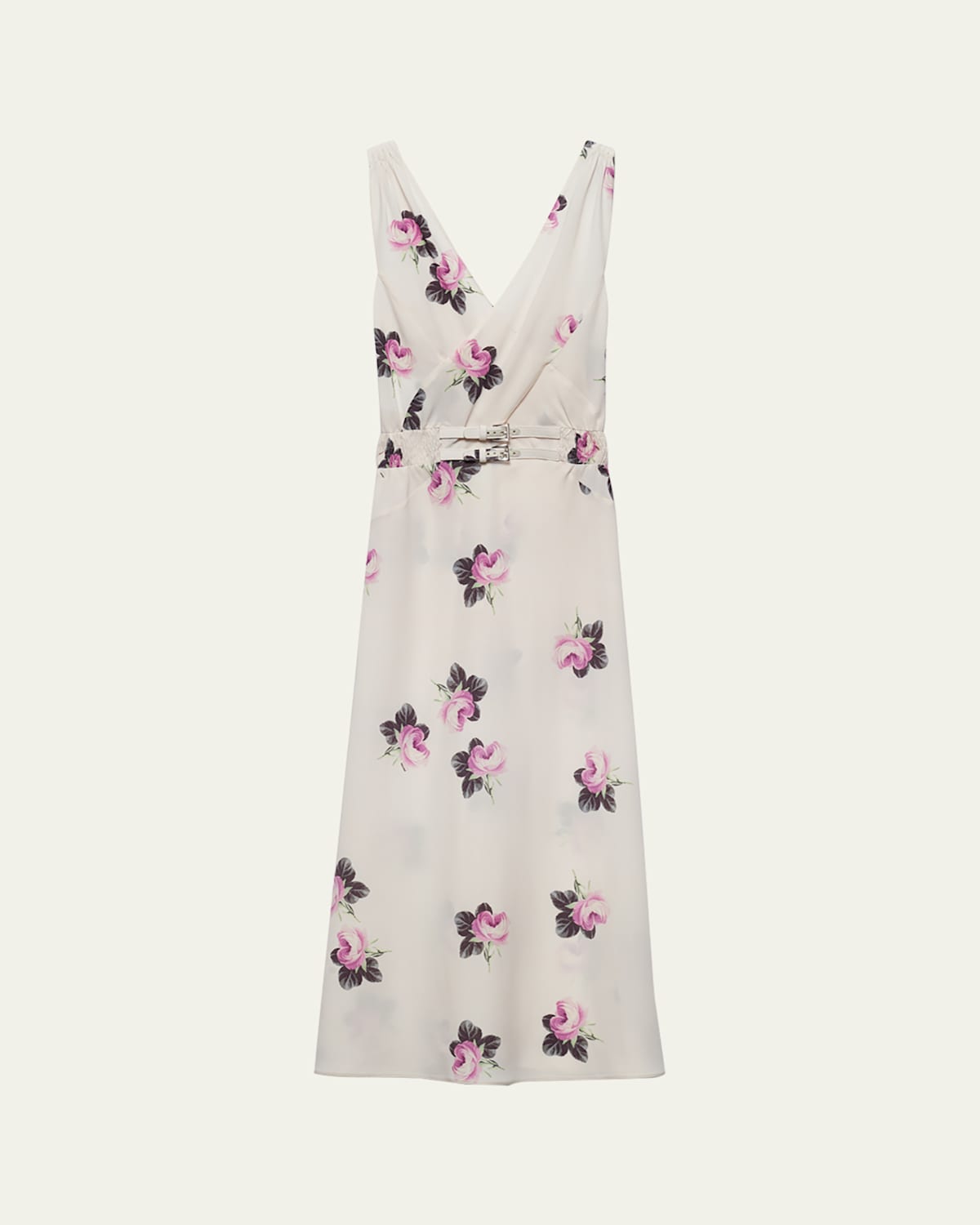 Prada Waist Belted Sleeveless V-neck Floral Backless In Avorio