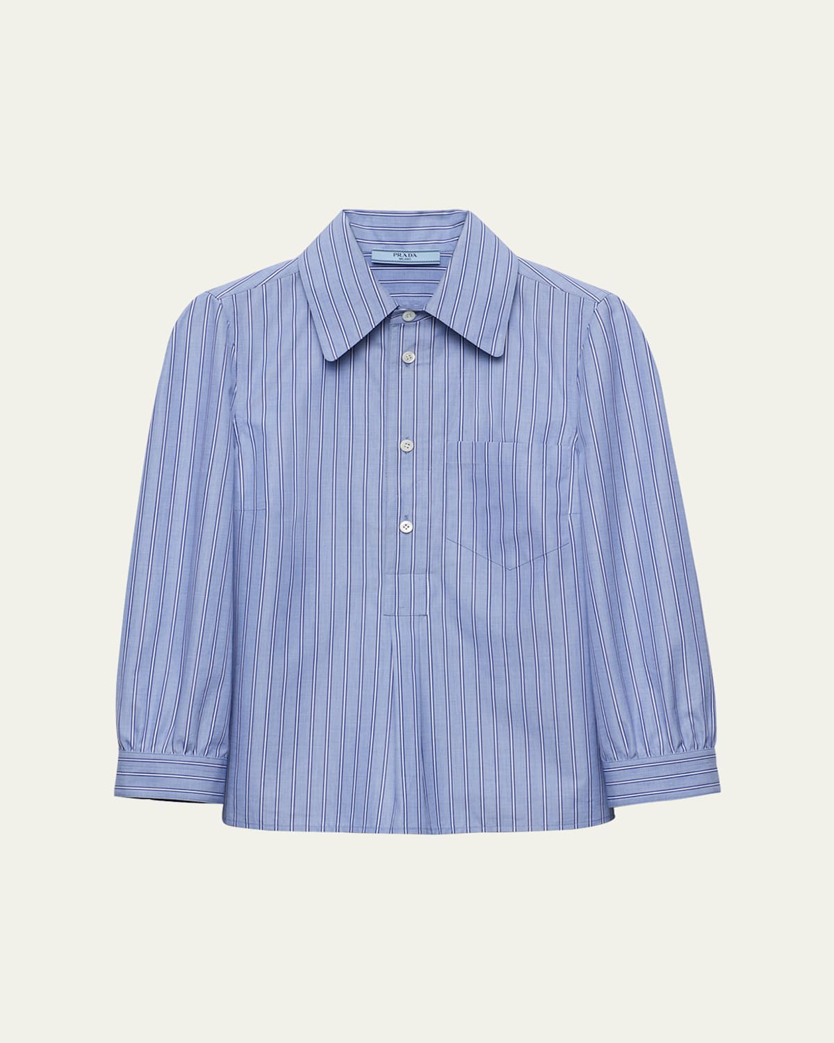 Prada Stripe Chambray Three-quarter Sleeve Top In Bleu