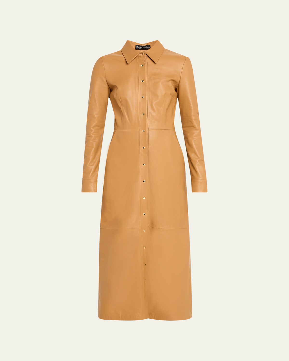Sergio Hudson Button Down Leather Shirt Dress In Camel