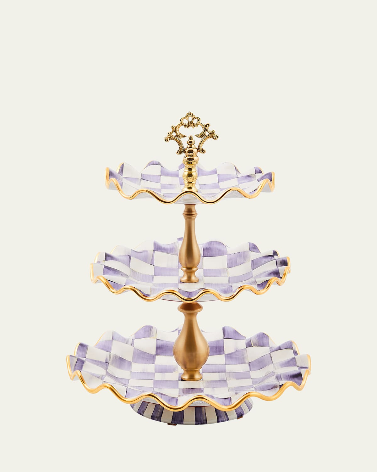 Mackenzie-childs Plum Check Fluted Ceramic Three-tier Sweet Stand In Multi