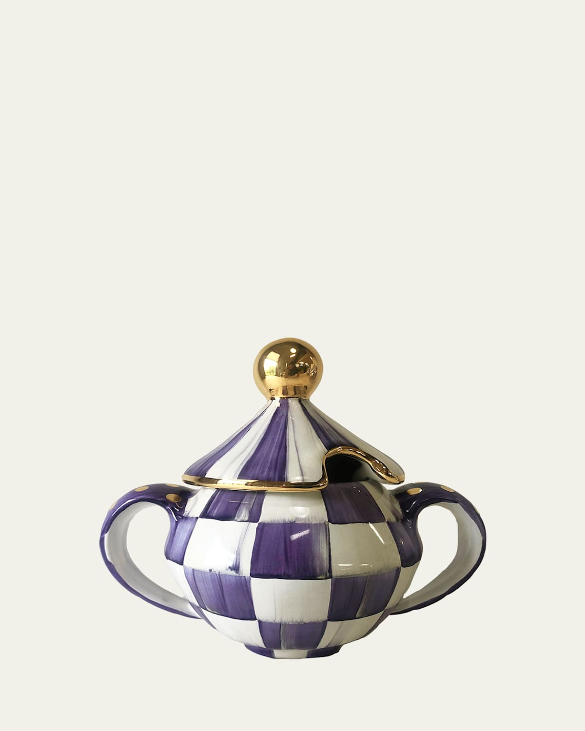 Mackenzie-childs Plum Check Ceramic Sugar Bowl With Lid In Animal Print