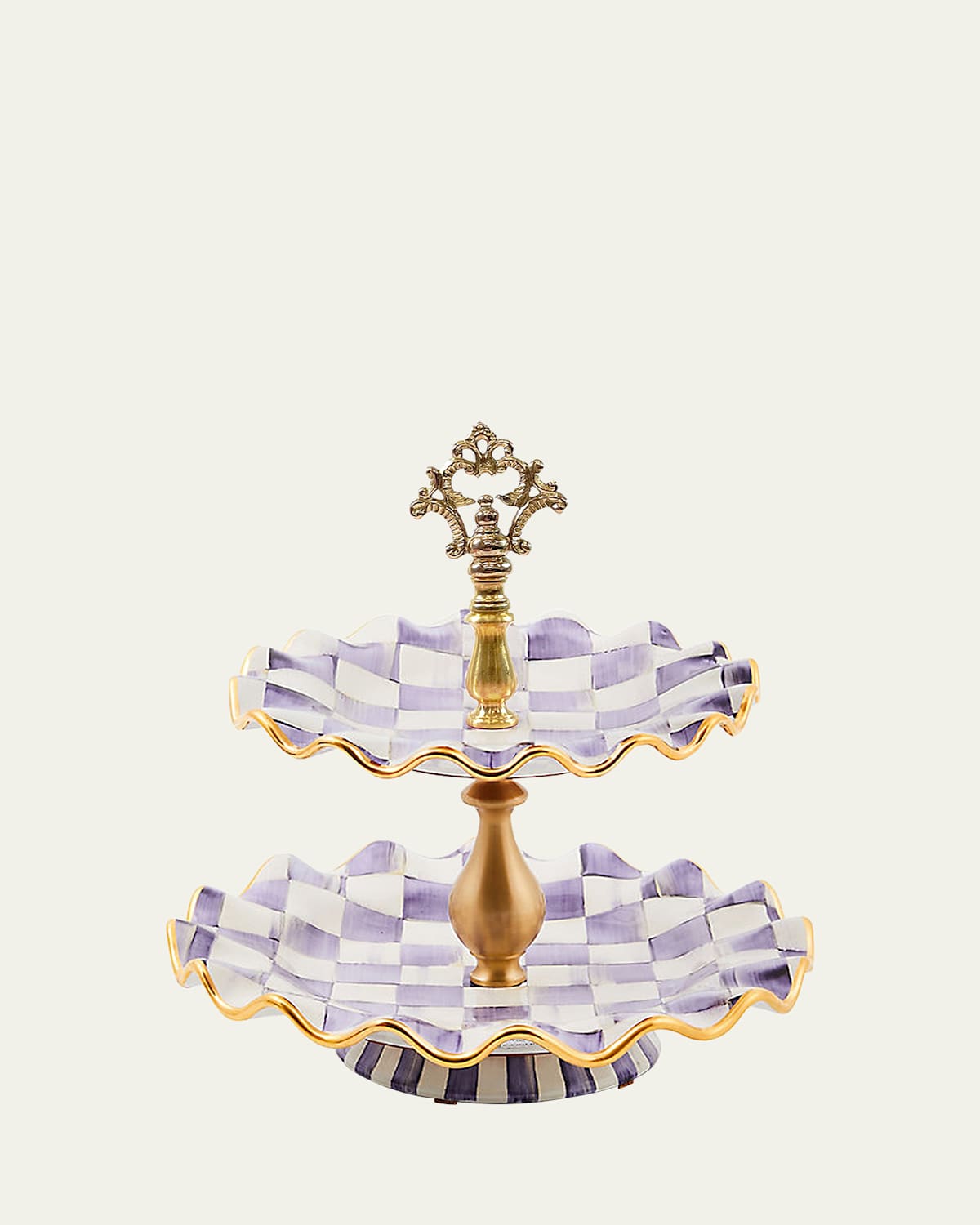 Mackenzie-childs Plum Check Fluted Ceramic Two-tier Sweet Stand In Multi