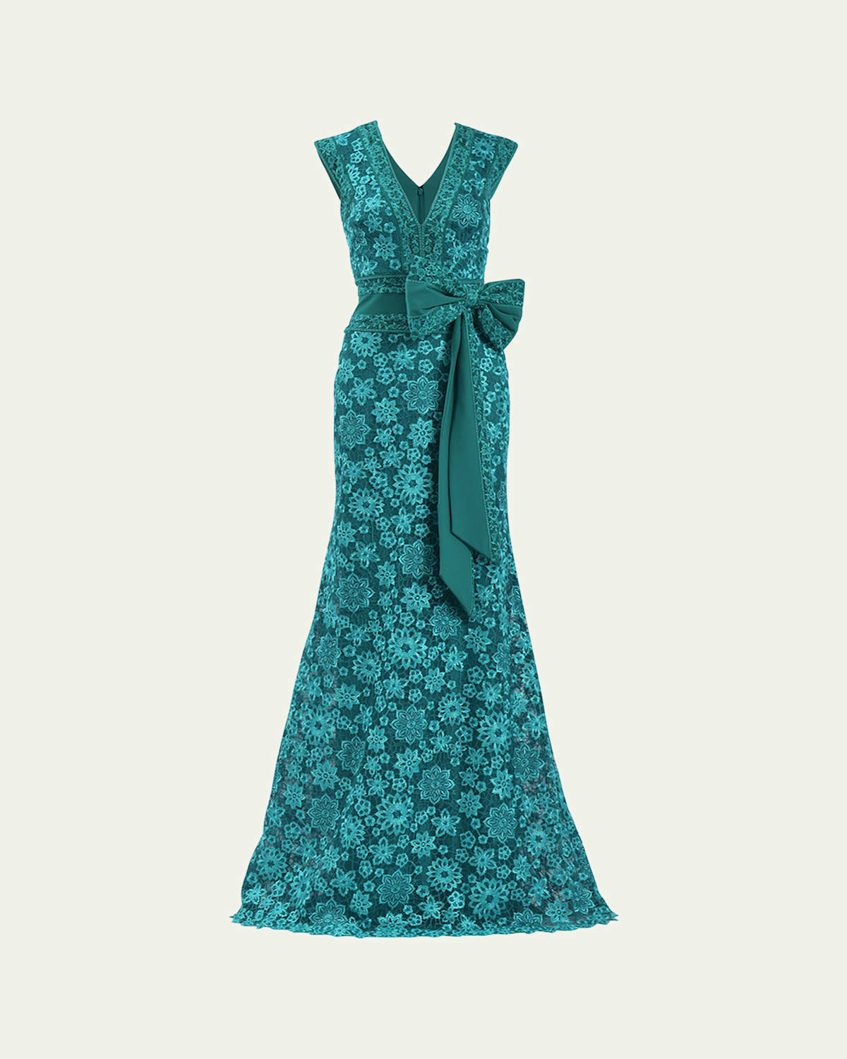 Tadashi Shoji Sleeveless Bow-front Floral Lace Gown In Emerald