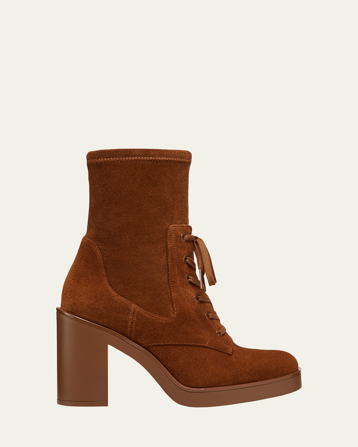Stuart Weitzman Everitt Stretch Suede Lace-up Booties In Coffee Tonal