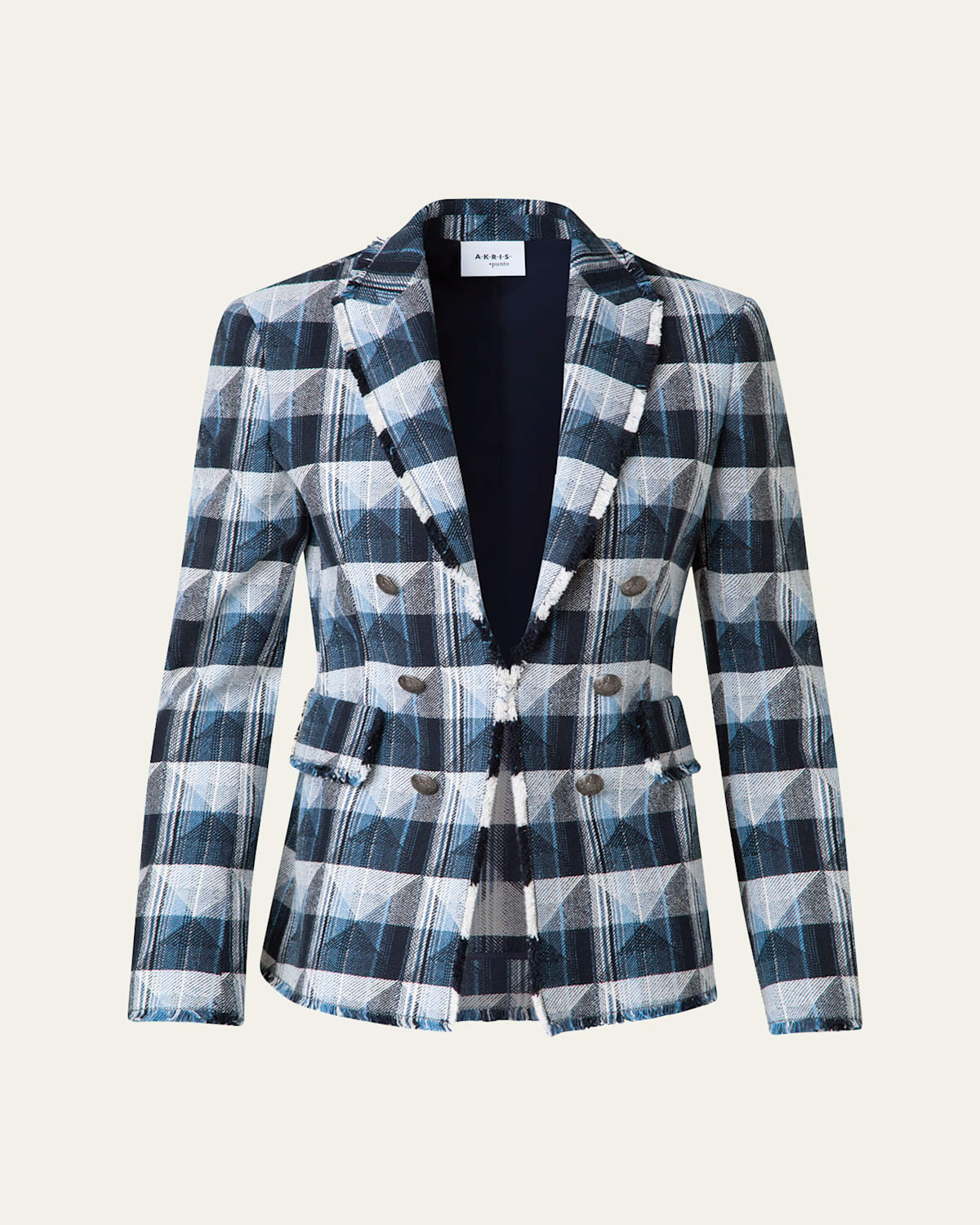 Rhombus Jacquard Denim Blazer with Double Breast Illusion