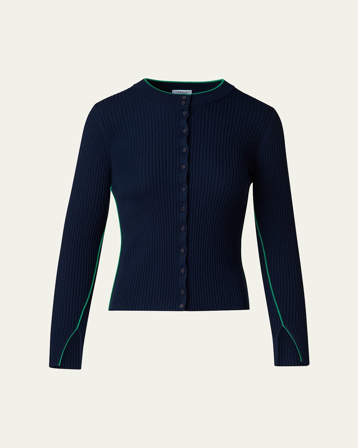 Ribbed Wool Cardigan with Contrast Piping