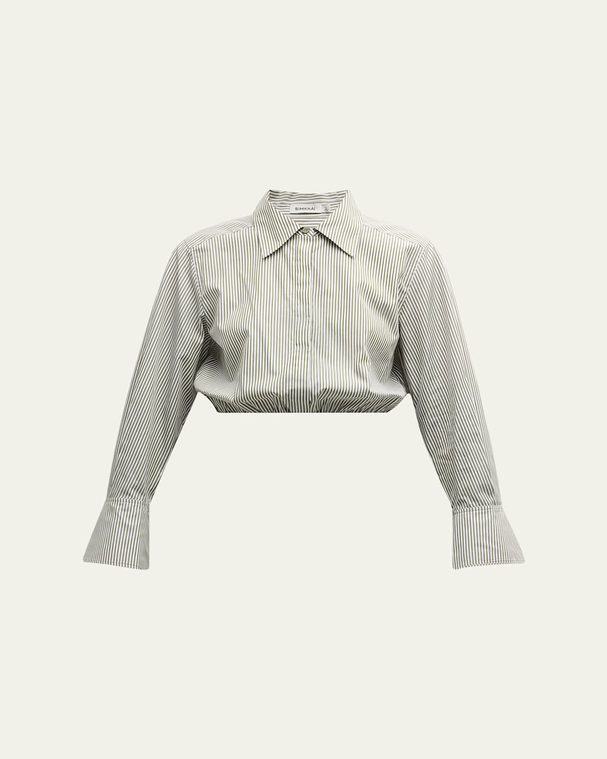 Shop Simkhai Blythe Cropped Cotton Stripe Button-front Top In Army Green Stripe