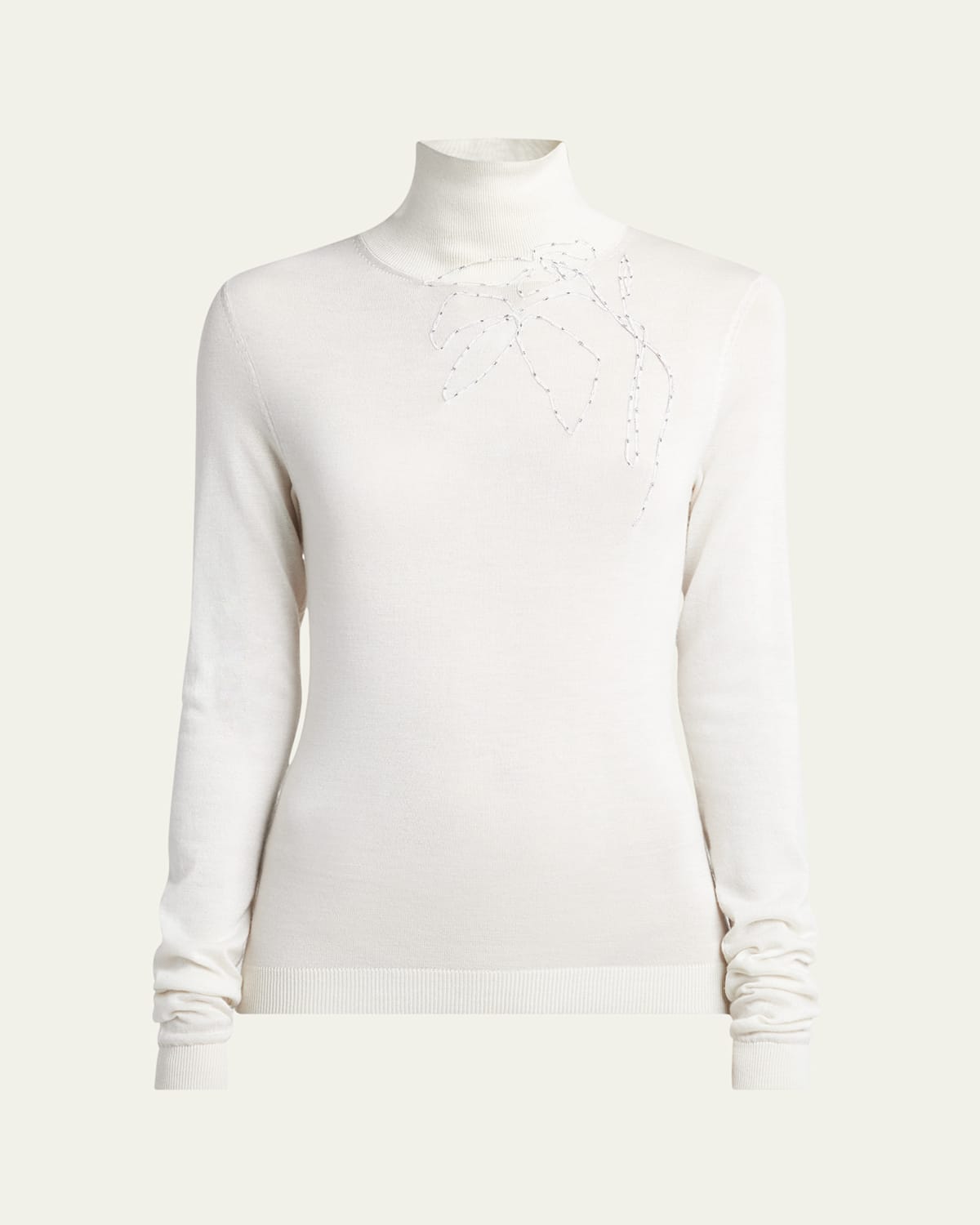 Giorgio Armani Floral Stitched Cashmere Silk Turtleneck Sweater In Solid White