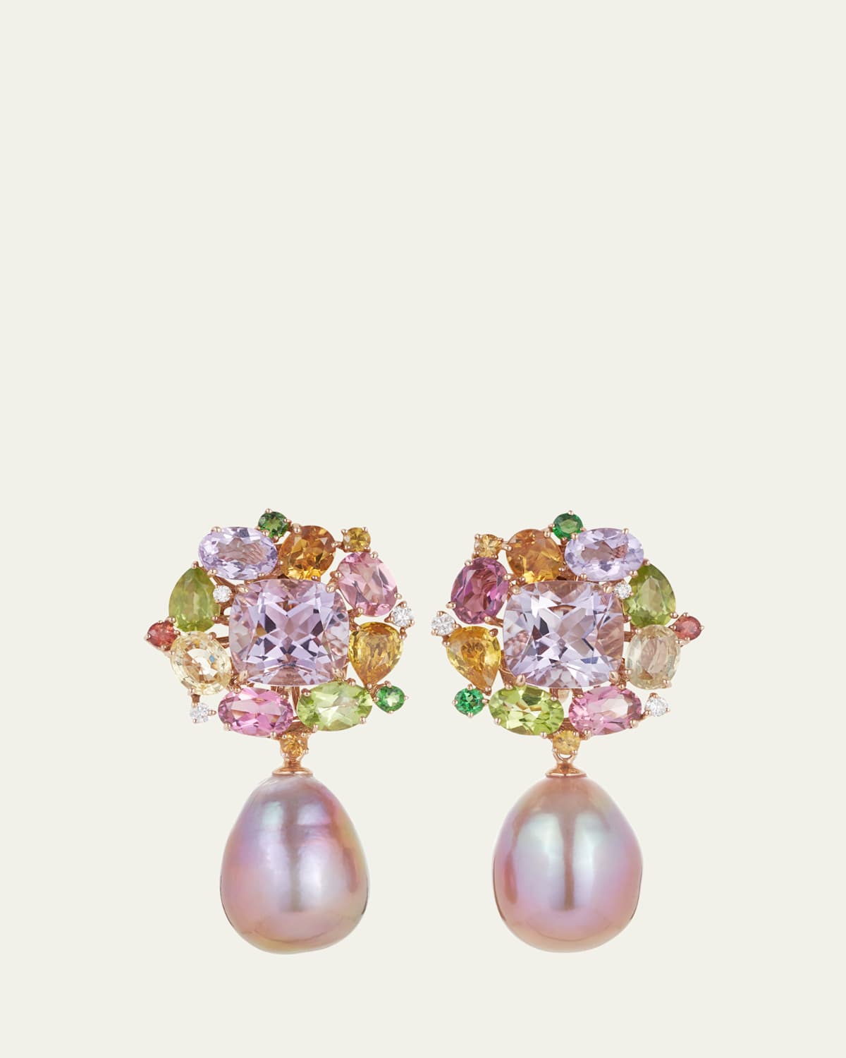 18K Rose Gold Diamond and Multi Stone Flower Earrings with Detachable Pearls
