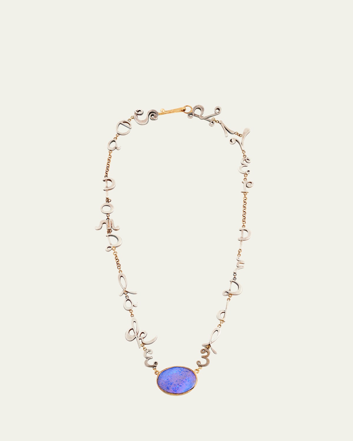 18K Yellow Gold and Silver Sea Pond Lake Script Necklace with Blue Opal, 16"L