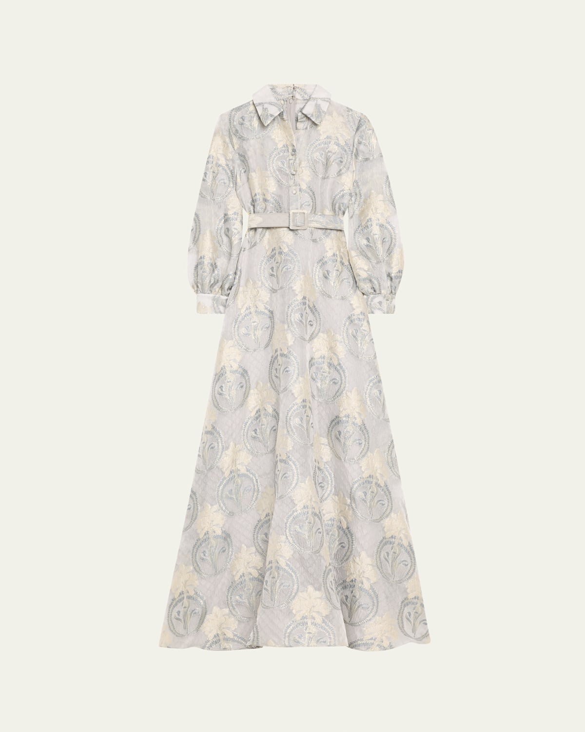 Belted Floral Jacquard Shirt Gown
