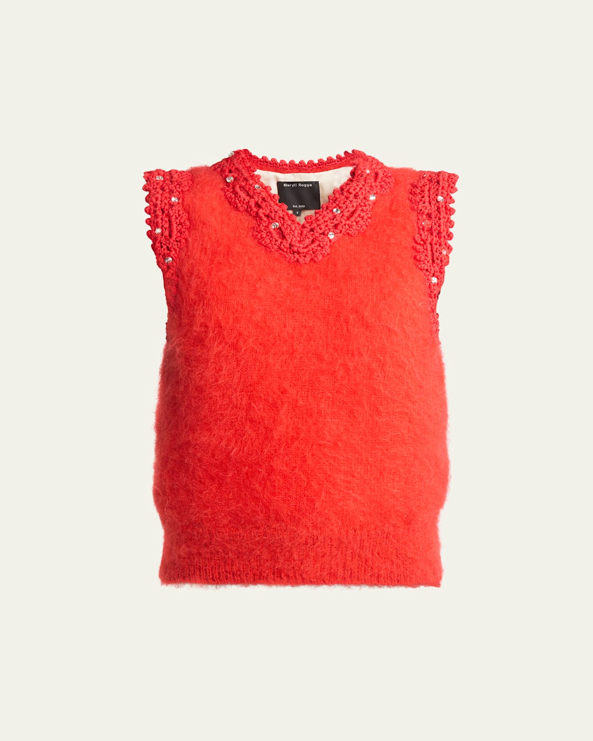 Mohair-Blend Vest with Rhinestone Crochet Trim