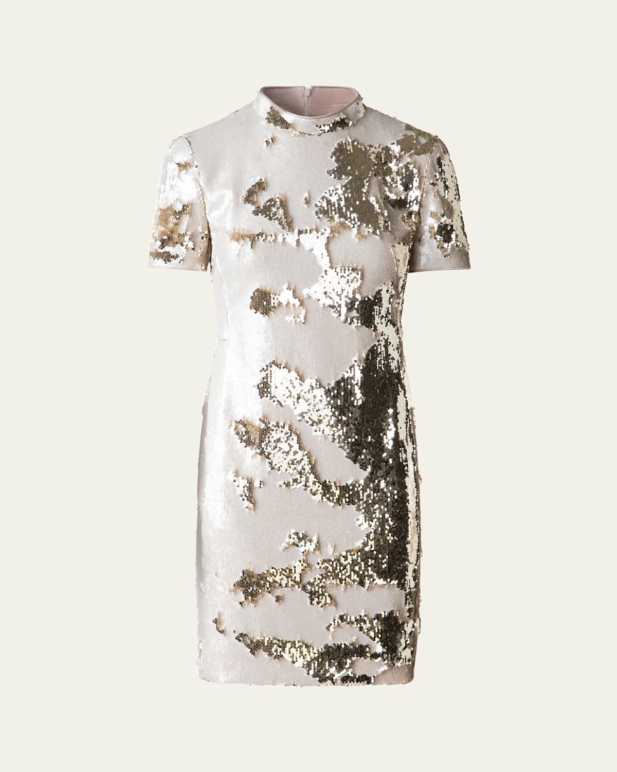 Akris Mock-neck Short-sleeve Sequin Mini Dress In Greige-gold