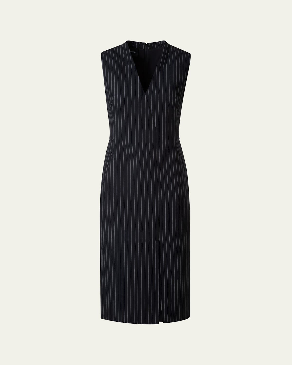 Akris V-neck Pinstripe Sleeveless Dress In Black-ecru