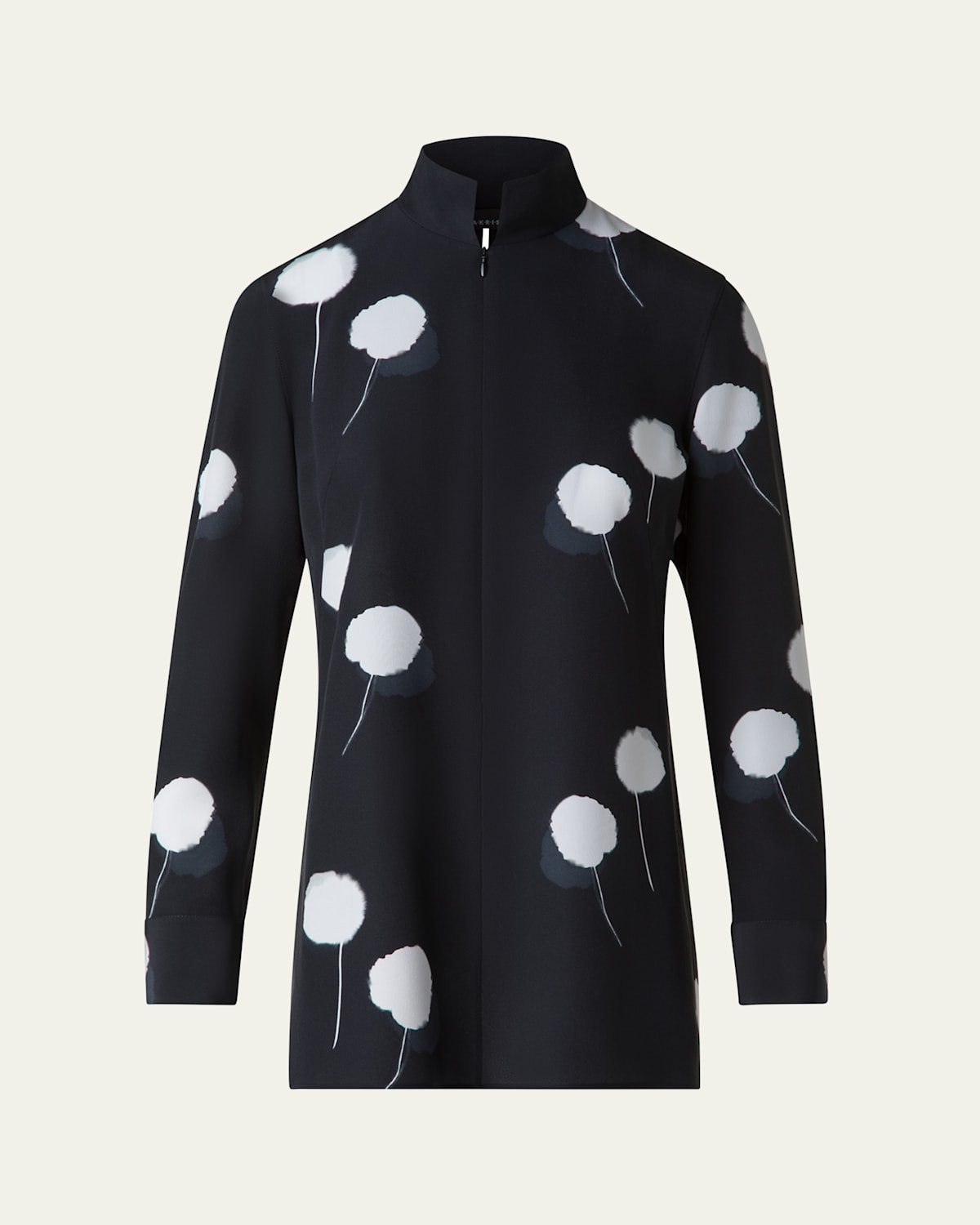 Akris Windflower Print Silk Crepe Tunic Blouse In Black-ecru