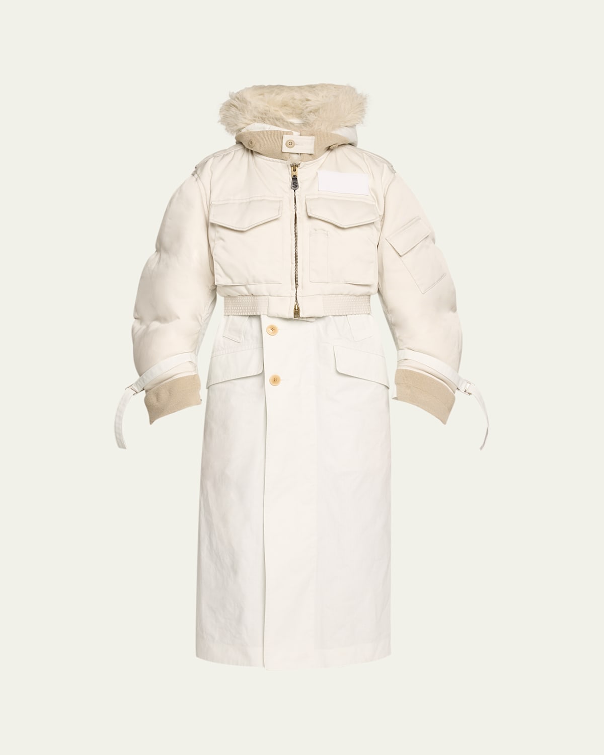Shop Sacai Spiewak Faux Fur Trim Nylon Trench Hybrid Coat In Lgray