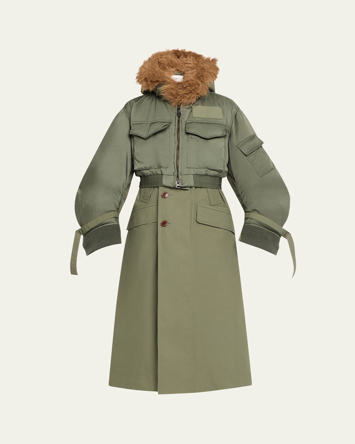 Sacai Spiewak Faux Fur Trim Nylon Trench Hybrid Coat In Bkhaki