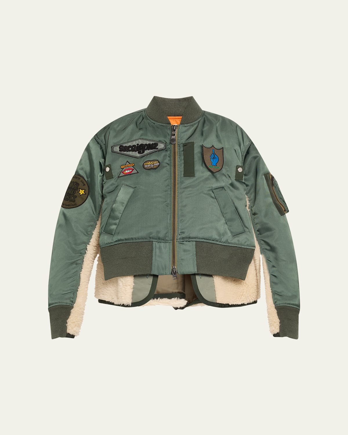 Sacai Spiewak Patch Nylon Shearling Bomber Jacket In Bkhaki