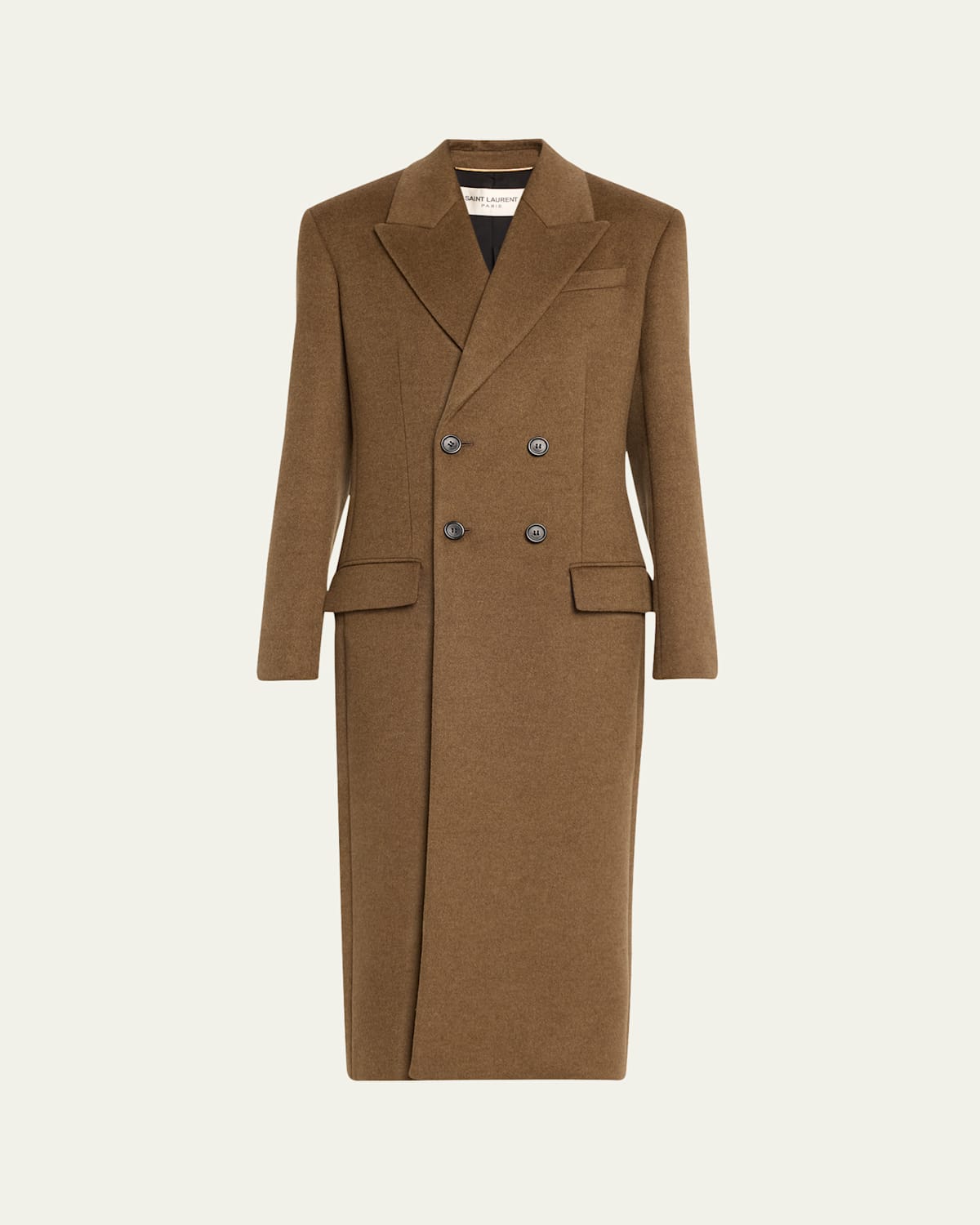 Saint Laurent Double-breasted Tailored Long Wool Coat In Kaki Indig