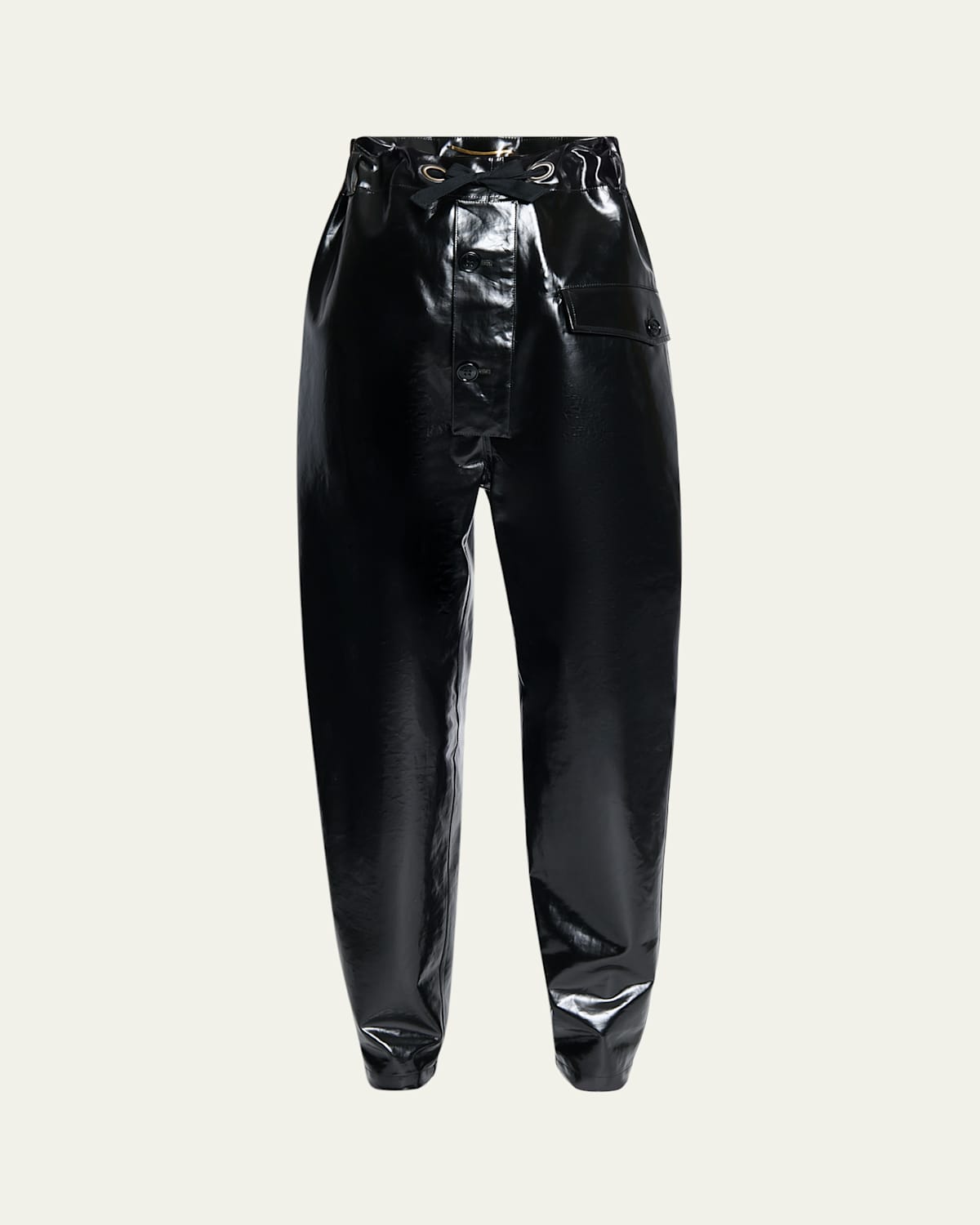 Saint Laurent Vinyl Cinched High Waisted Drawstring Pants In Natural Bl