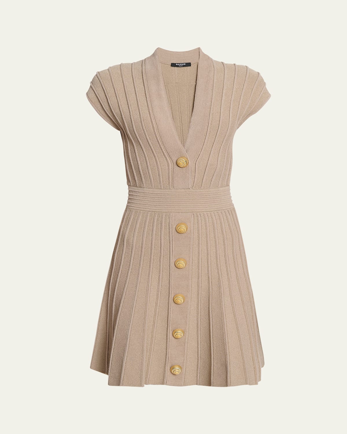 Balmain V-neck Velvet Flare Mini Dress In Beige