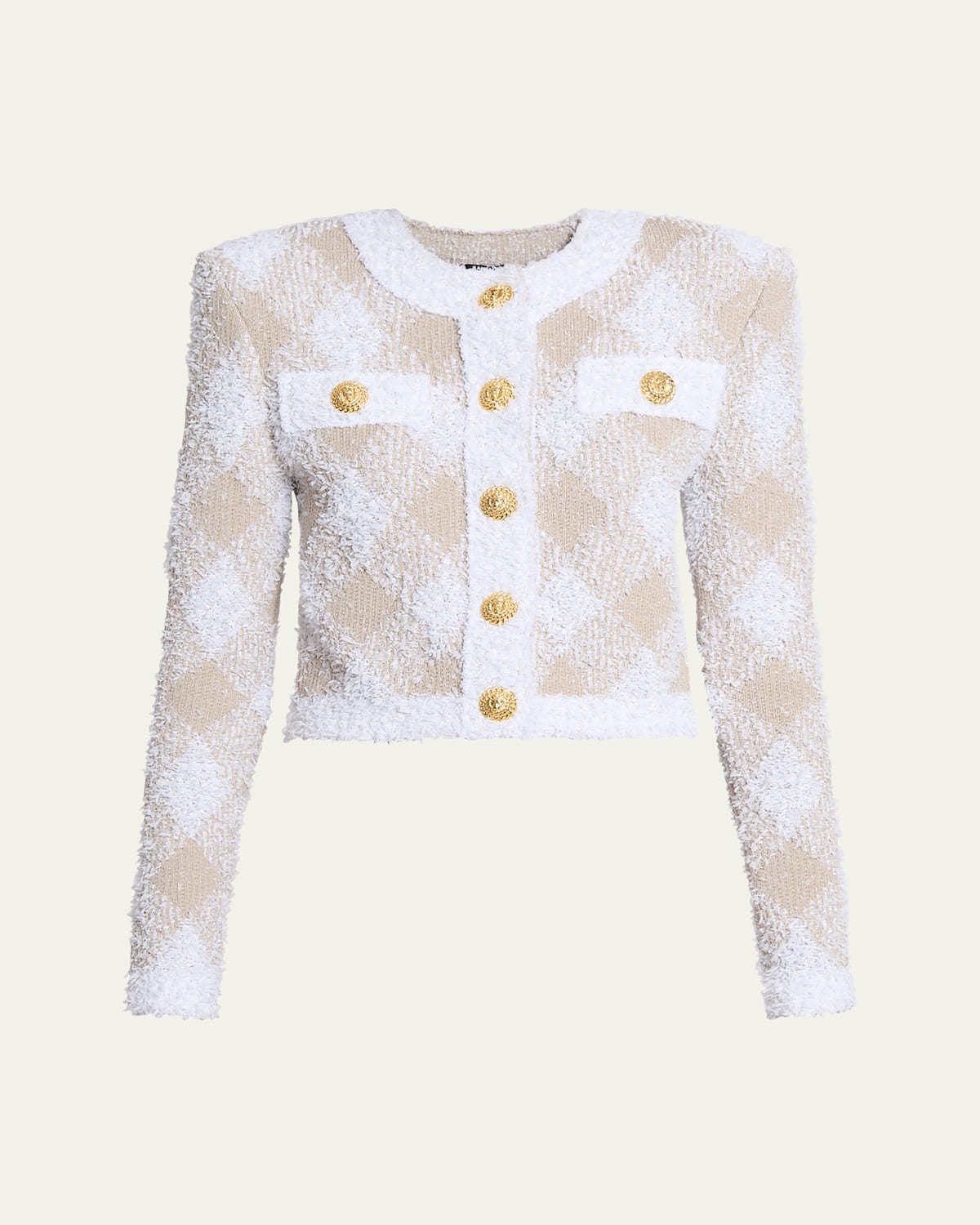 Balmain Vichy Check Tweed Knit Crop Jacket In White Multi