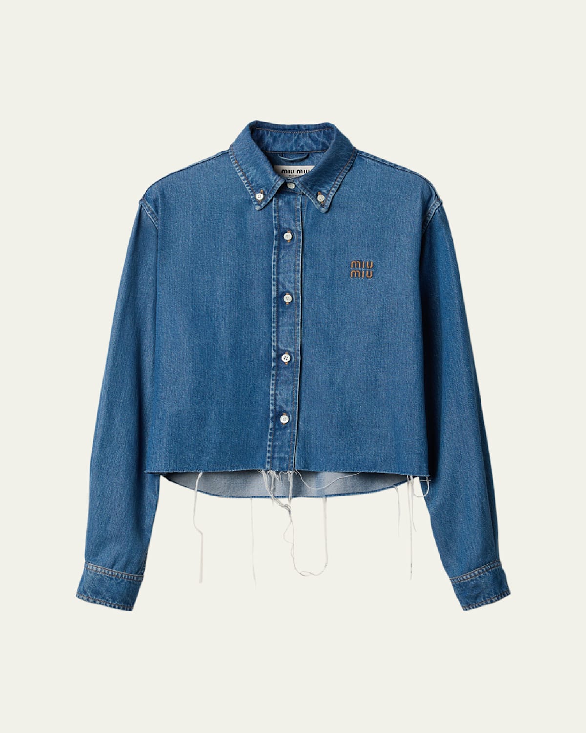 Miu Miu Denim Cropped Collared Button Down Shirt In Bleu