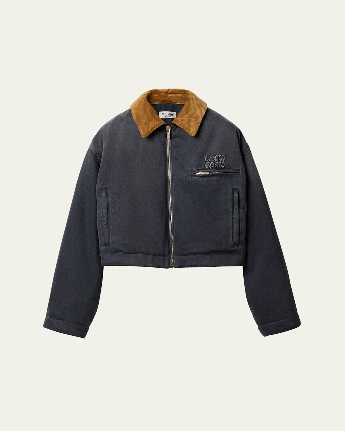 Drill Cropped Velvet Collar Zip Up Jacket