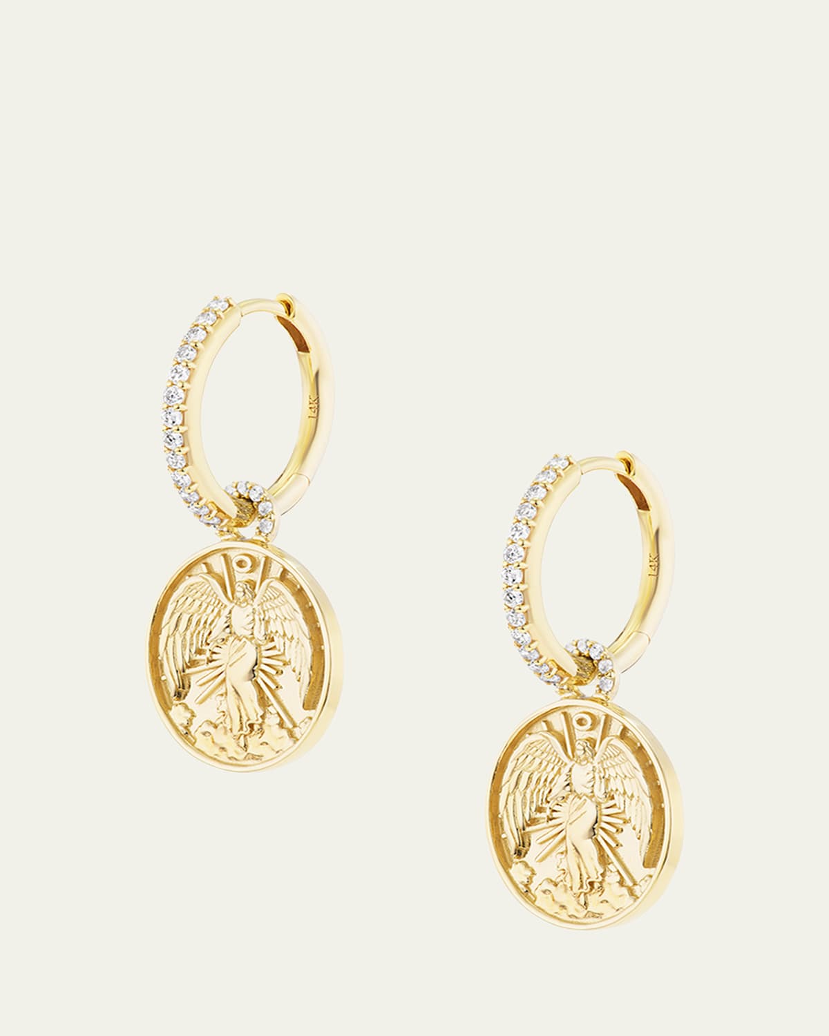 Guardian Angel Charms on Diamond Huggy Hoop Earrings