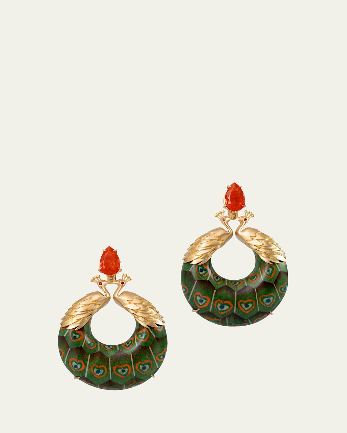 Marquetry 18K Gold Peacock Earrings with Fire Opal, Ruby, and Diamonds