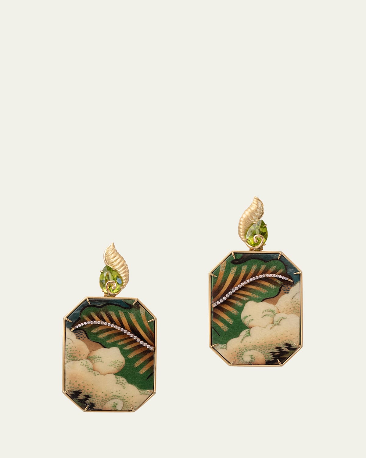 Marquetry 18K Gold Tibetan Florest Earrings with Periodite and Diamonds