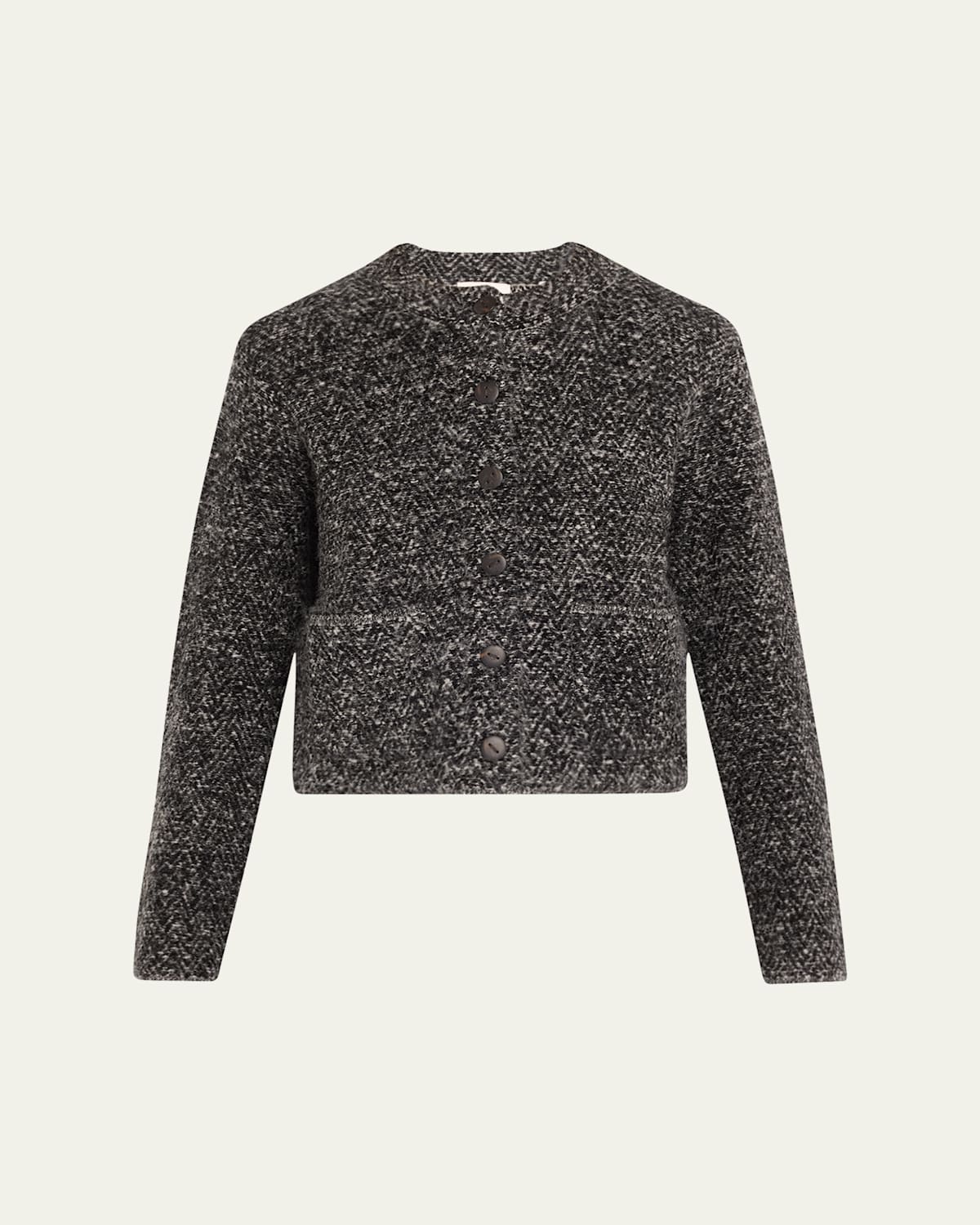 Vince Herringbone Textured Wool Blend Crop Jacket In Blackoff White Combo