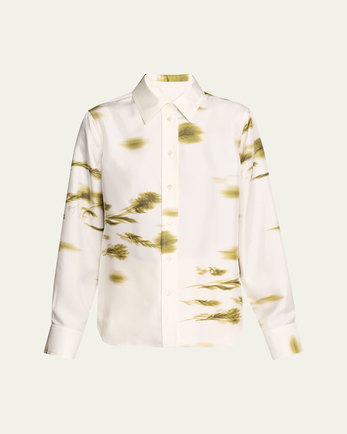 Ferragamo Blossom Flower Silk Twill Blouse In White/oliv