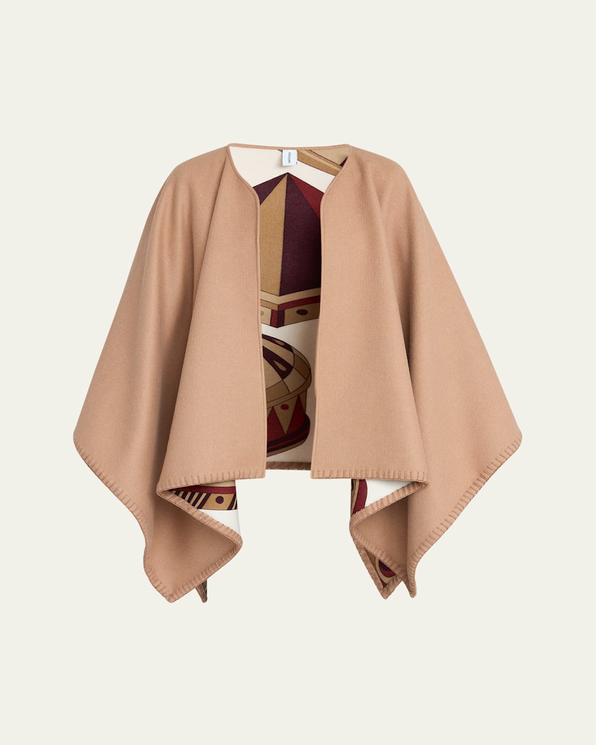 Ferragamo Geometrical Renaissance Print Reversible Cape In Bordeaux Cammel