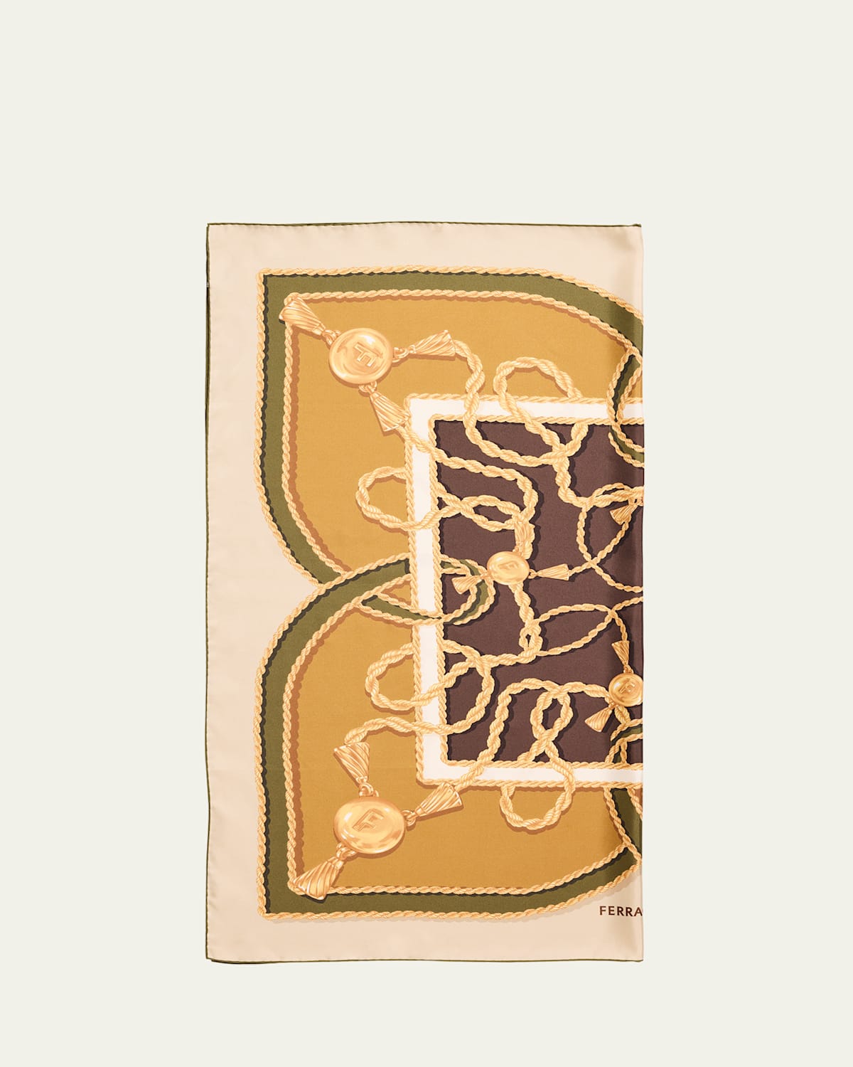 Ferragamo Logo-print Chains Silk Scarf In Olive/stone