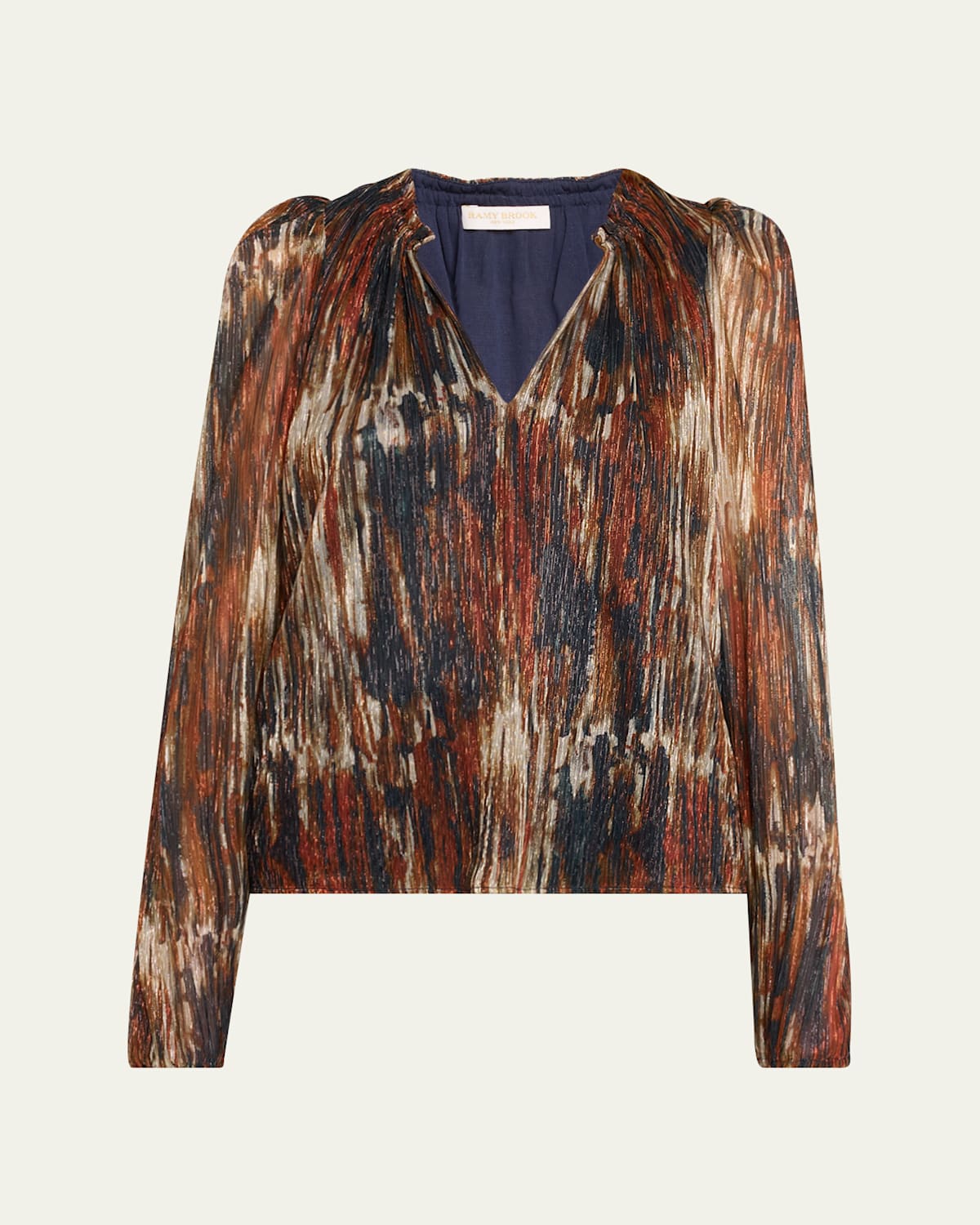 Ramy Brook Sukie Pleated Multi-knit Blouse In Saddle Multi Knit