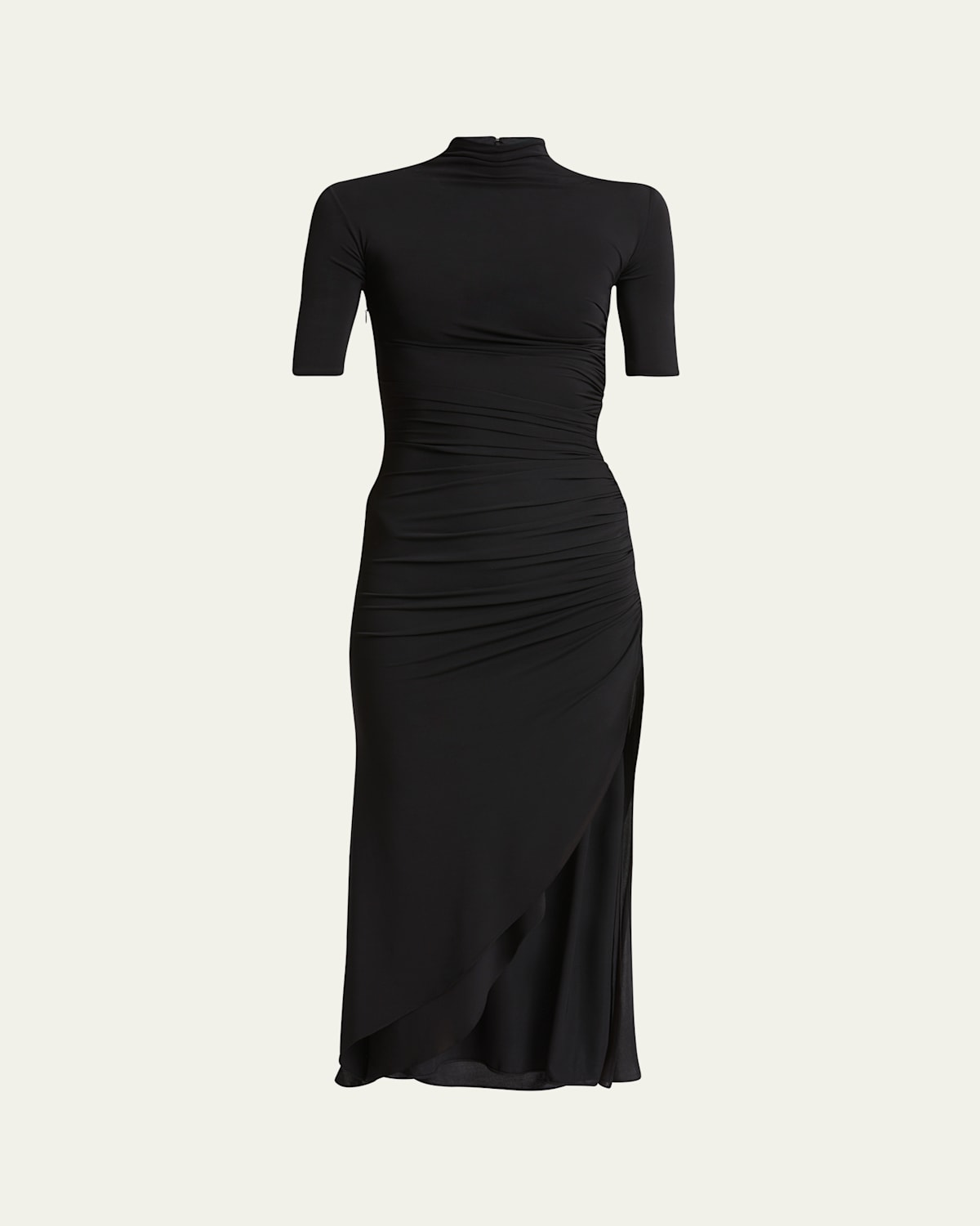 Mock-Neck Ruched Short-Sleeve Slit Midi Dress