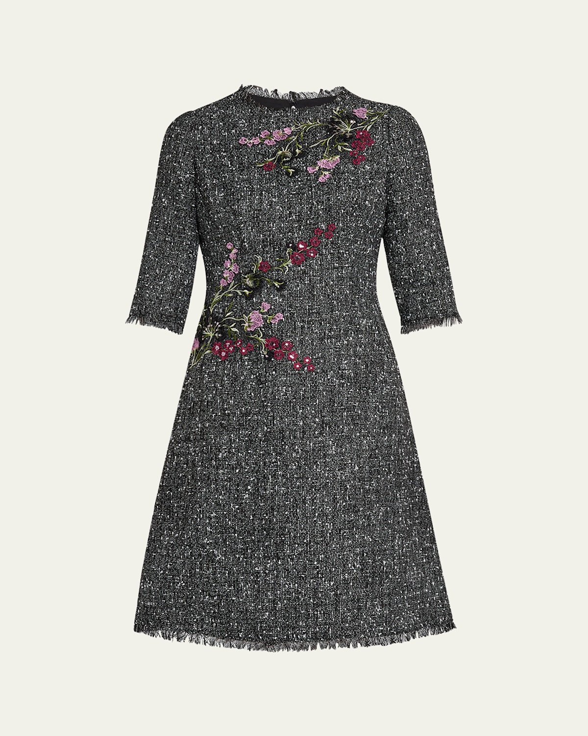 Fringe-Trim Floral Applique Tweed Dress