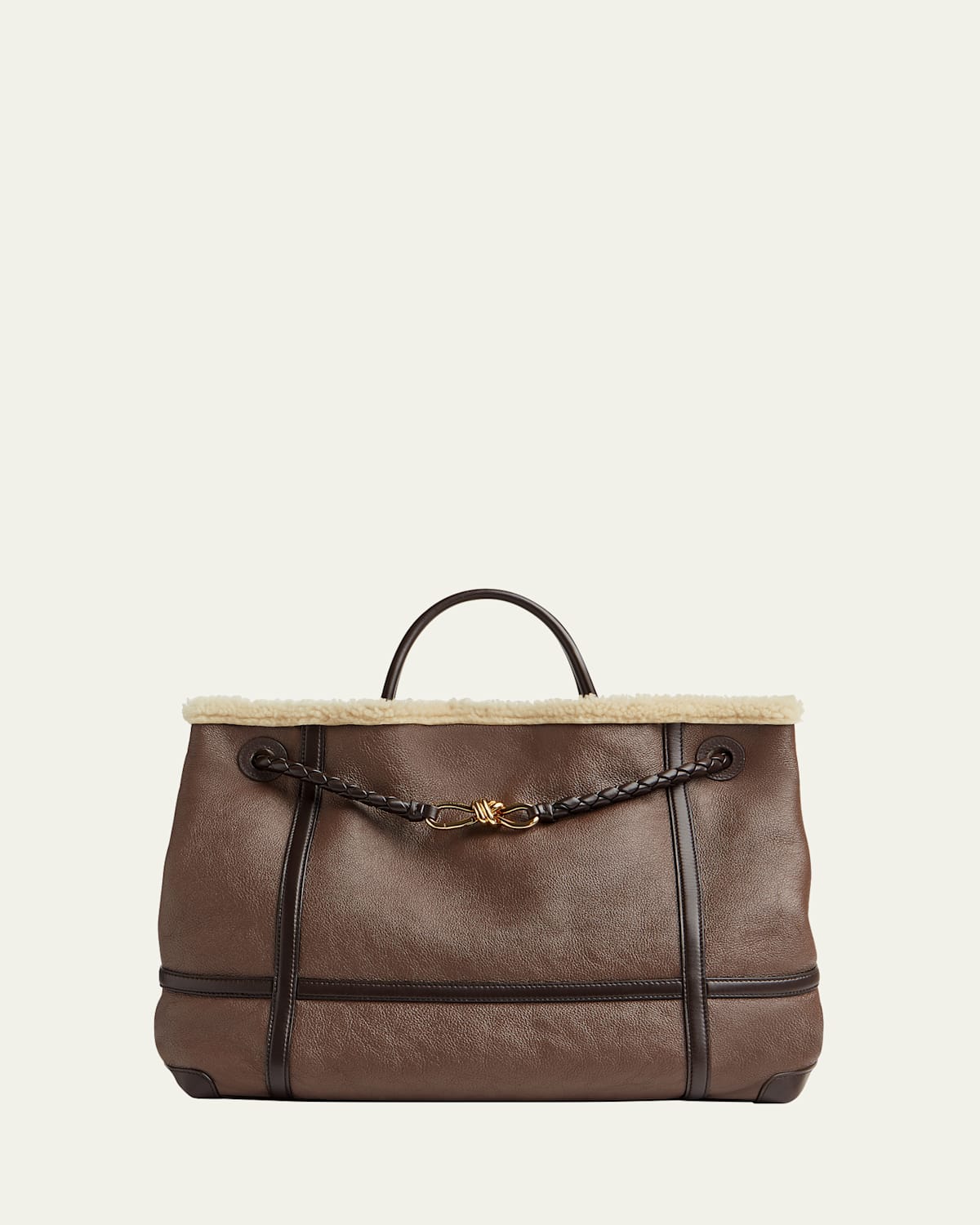 Bottega Veneta Large Andiamo Merinos Aviator Bag In Brown Teddy