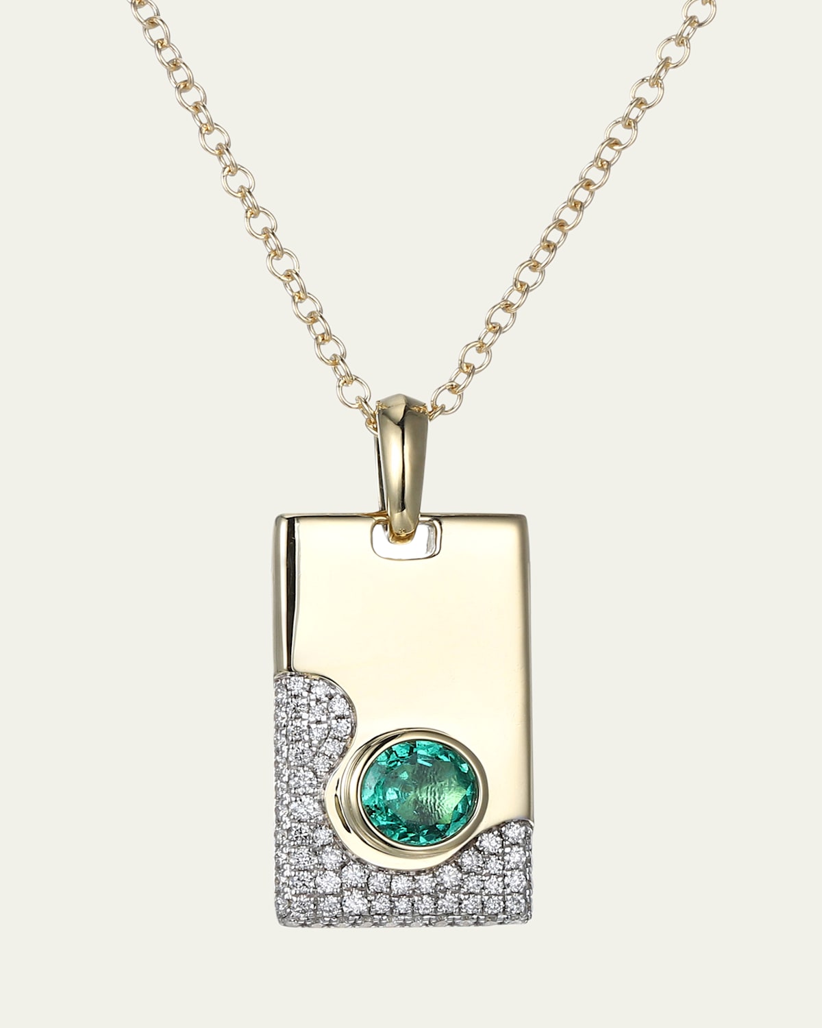 14K Yellow Gold Lava Tag Emerald and Diamonds Pendant Necklace