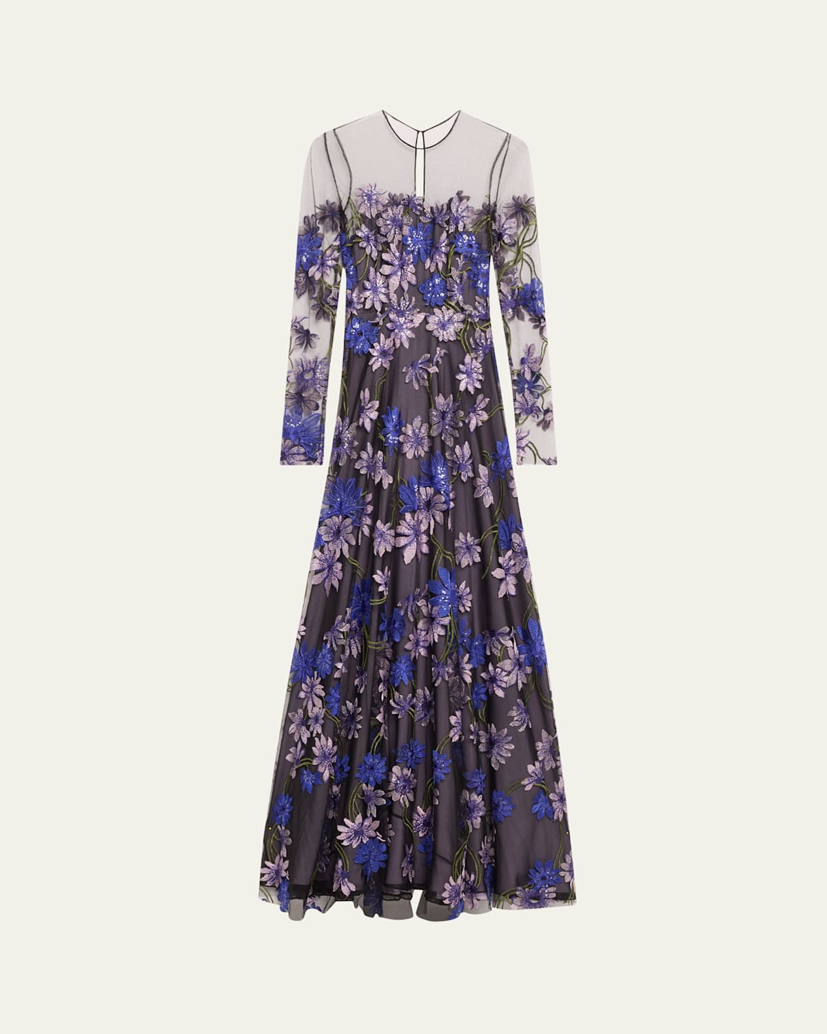 Floral-Embroidered Long-Sleeve Illusion Gown