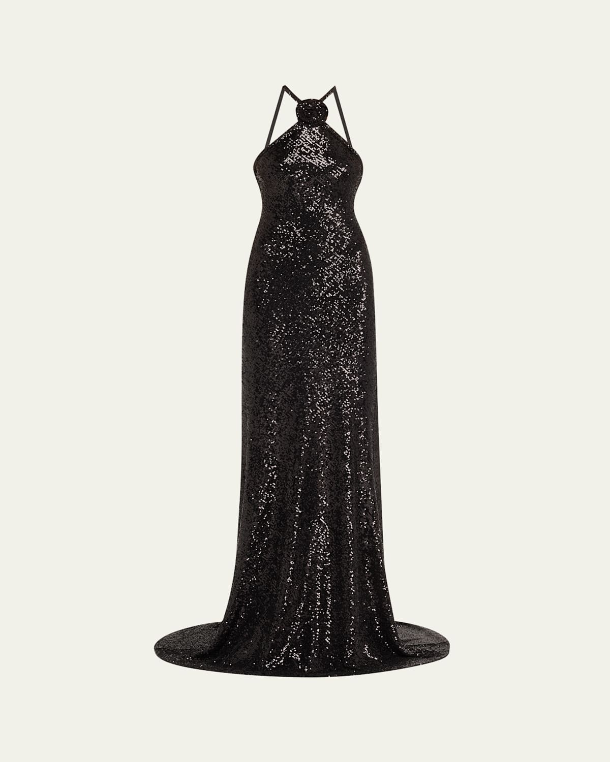 Rosette Sequin Backless Halter Gown