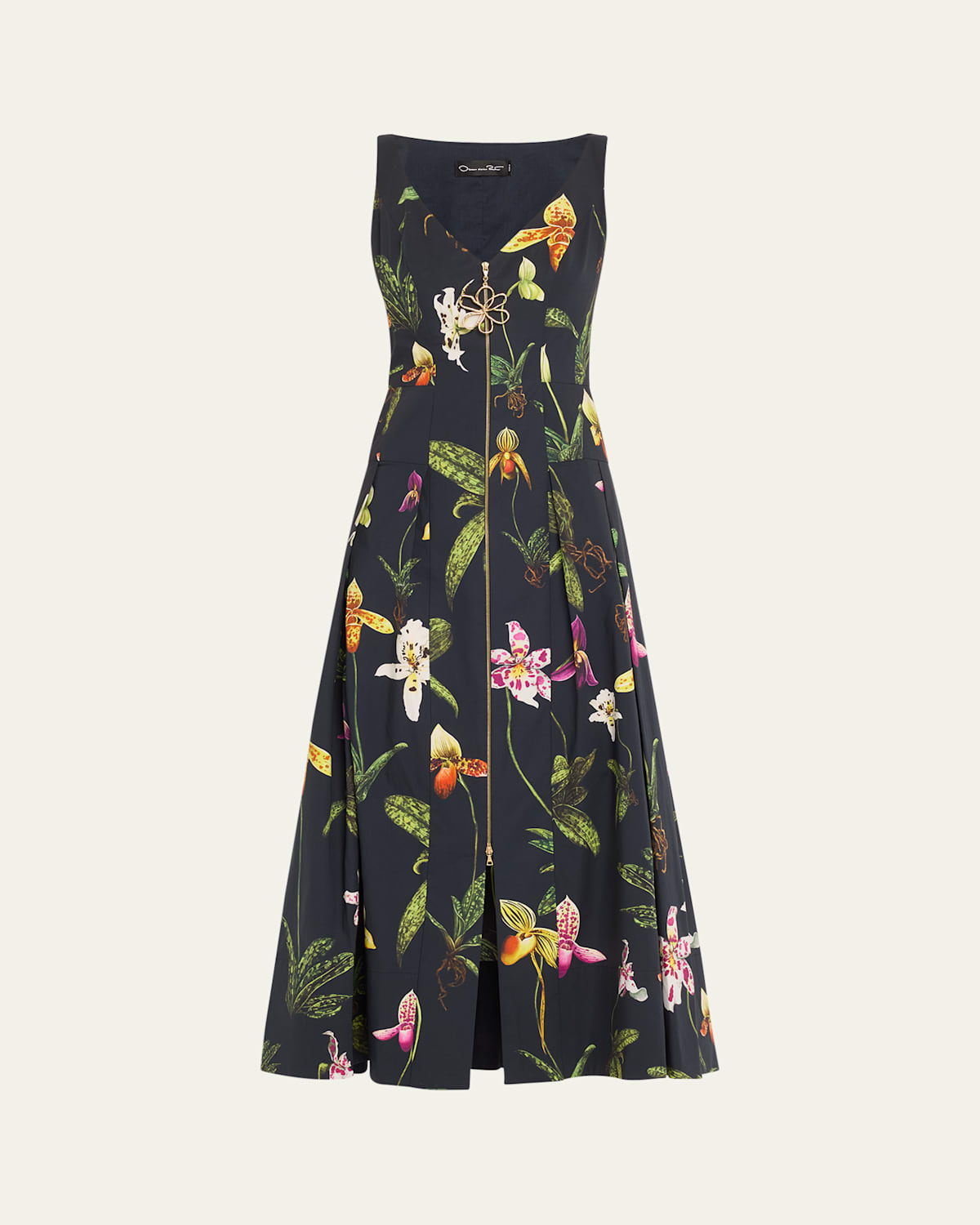 Oscar De La Renta Strapless English Roses Faille Tea-length Dress In Navy Multi