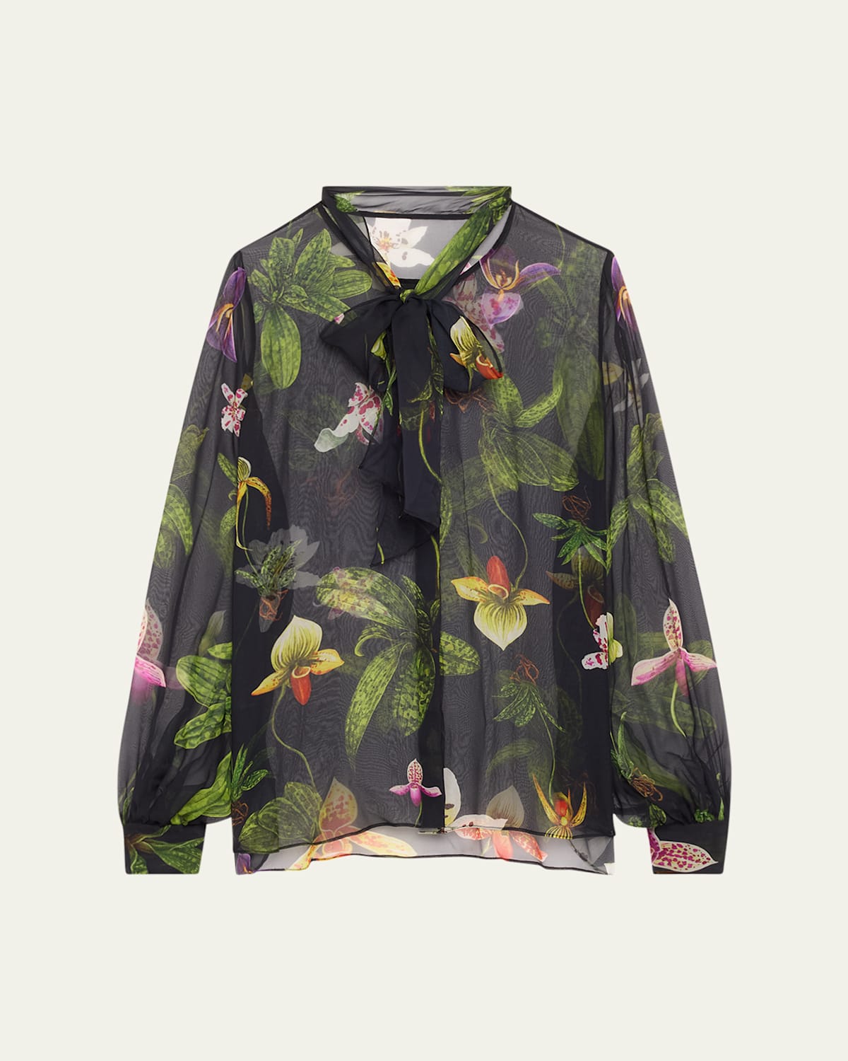 OSCAR DE LA RENTA ORCHID PRINT CHIFFON SCARF-TIE BLOUSE 