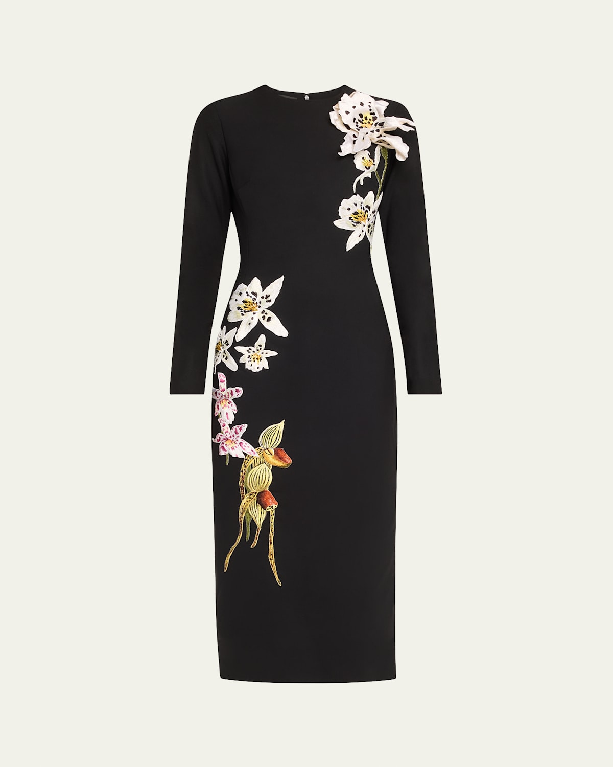 OSCAR DE LA RENTA CRYSTAL ORCHID THREADWORK BODY-CON MIDI WOOL DRESS 